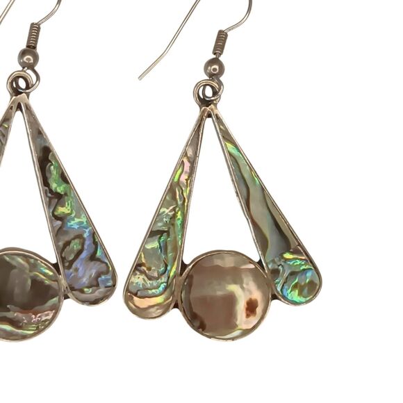 Vintage Alpaca Mexico Silver Abalone Mother of Pearl Pierced Earrings Fan Shaped - Picture 4 of 8
